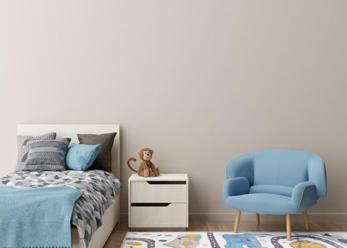Empty cream wall in modern child room. Mock up interior in scandinavian style. Copy space for your picture or poster. Bed, armchair, toy. Cozy room for kids. 3D rendering