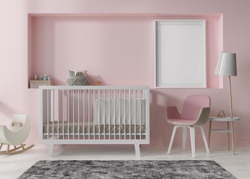 Empty vertical picture frame on pink wall in modern child room. Mock up interior in scandinavian style. Free, copy space for your picture, poster. Bed, toys. Cozy room for kids. 3D rendering