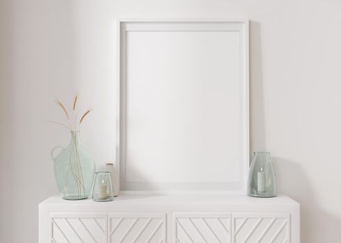 Empty vertical picture frame standing on white sideboard. Mock up interior in contemporary style. Free, copy space for picture, poster. Console, vase with dried plants. Close up. 3D rendering