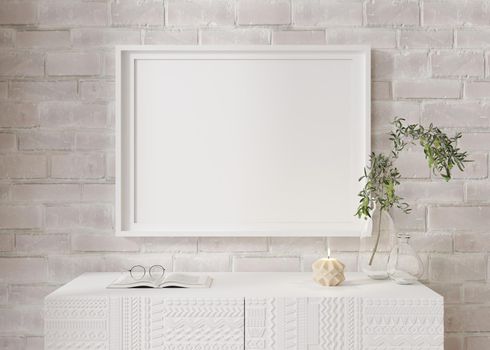 Empty horizontal picture frame on white brick wall in modern living room. Mock up interior in minimalist, contemporary style. Free space for your picture, poster. Console, candle, plant. 3D rendering