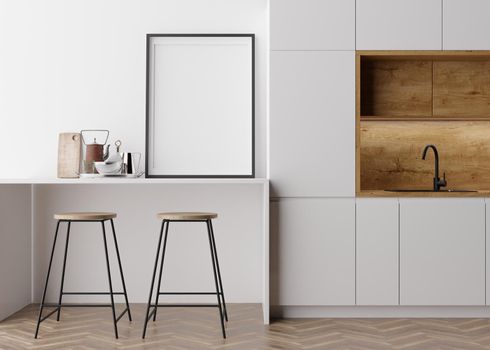 Empty vertical picture frame standing in modern kitchen. Mock up interior in contemporary style. Free, copy space for your picture, poster. Kitchen, bar chairs, parquet floor. 3D rendering