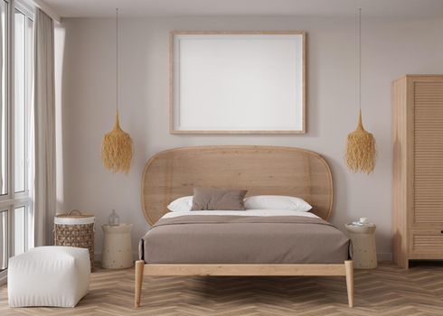 Empty horizontal picture frame on beige wall in modern bedroom. Mock up interior in boho style. Free, copy space for your picture, poster. Bed, rattan basket. 3D rendering