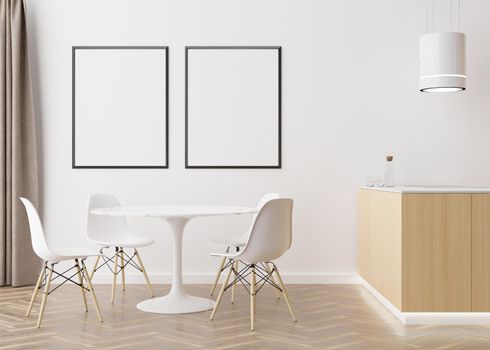 Two empty vertical picture frames on white wall in modern dining room. Mock up interior in contemporary, scandinavian style. Free space for picture, poster. Table, chairs. 3D rendering