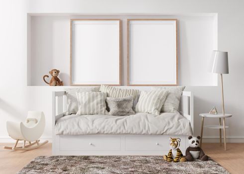Two empty vertical picture frames on white wall in modern child room. Mock up interior in scandinavian style. Free, copy space for your picture. Bed, toys. Cozy room for kids. 3D rendering