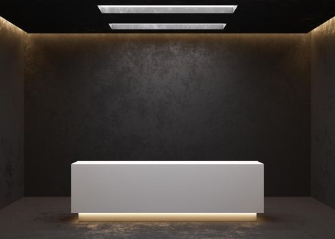 White reception counter in modern room with dark walls. Blank registration desk in hotel, spa or office. Reception mock up with copy space for branding, logo. Contemporary style. 3D rendering