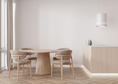 Empty white wall in modern living room. Mock up interior in scandinavian style. Free, copy space for your picture, text, or another design. Table with chairs. 3D rendering