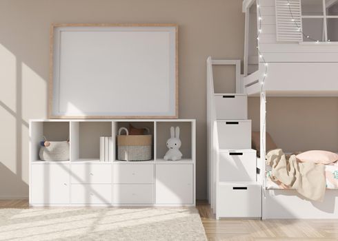 Empty horizontal picture frame on cream wall in modern child room. Mock up interior in scandinavian style. Free, copy space for picture. Bed, sideboard, toys. Cozy room for kids. 3D rendering