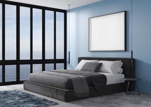 Empty picture frame on blue wall in modern bedroom. Mock up interior in contemporary style. Free, copy space for your picture, poster. Bed, lamps, panoramic window, sea view. 3D rendering