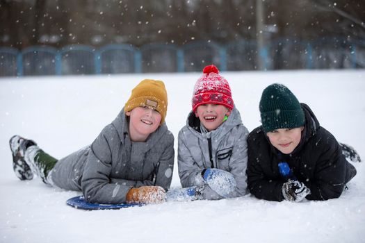 Children in winter. Three little boy friends lie in the snow and look at the camera.