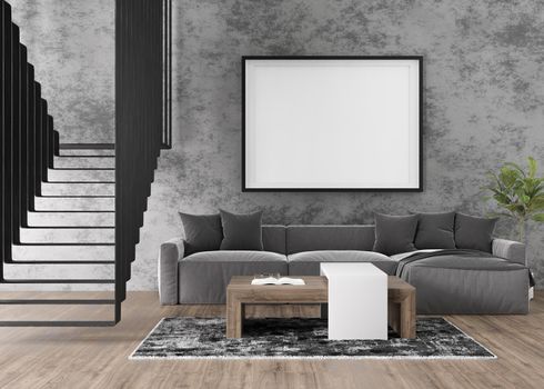 Empty picture frame on concrete wall in modern living room. Mock up interior in contemporary, loft style. Free, copy space for your picture, poster. Sofa, carpet, stairs. 3D rendering