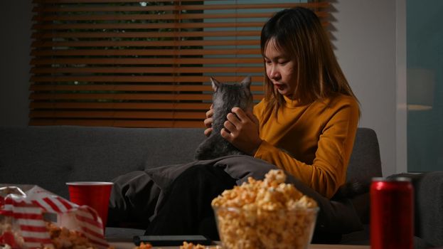Young woman playing with her cat while watching movie in living room at night. Leisure activity, relaxation, hobby concept.