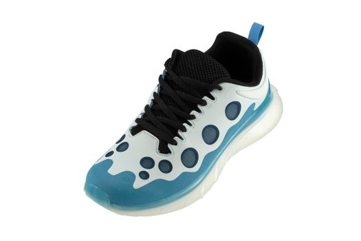 Blue sneakers with black inserts isolated on white background.