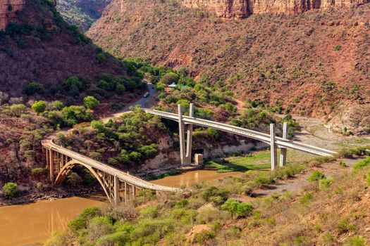 Old and new bridge across mountain river Blue Nile near Bahir Dar, Ethiopia.