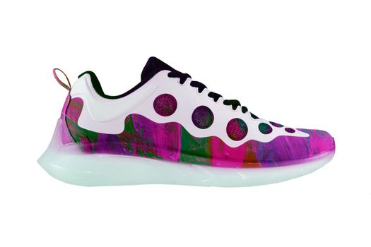 Multicolored creative sneaker on a white background. Bright joyful shoes.