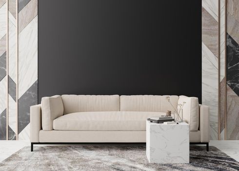 Empty black wall in modern living room. Mock up interior in contemporary style. Free, copy space for your picture, text, or another design. Sofa, carpet, table, marble wall panels. 3D rendering