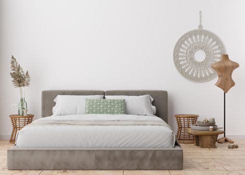 Empty white wall in modern bedroom. Mock up interior in scandinavian, boho style. Free, copy space for your picture, text, or another design. Bed, macrame, pampas grass. 3D rendering