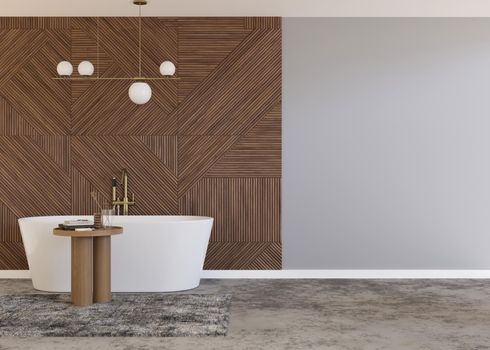 Beautiful and modern bathroom. Wooden panels. Bathtub. Home interior in contemporary style. Luxury bathroom mock up. Free, copy space for your furniture, radiator or other details. 3D rendering