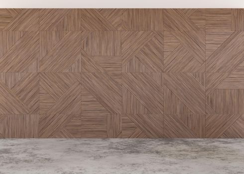 Empty room, wall with wooden panels and concrete floor. Only wall and floor. Mock up interior. Free, copy space for your furniture, picture and other objects. 3D rendering