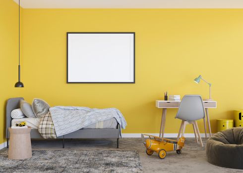 Empty horizontal picture frame on yellow wall in modern child room. Mock up interior in contemporary, scandinavian style. Free, copy space for picture. Bed, table, toys. Cozy room for kids. 3D render