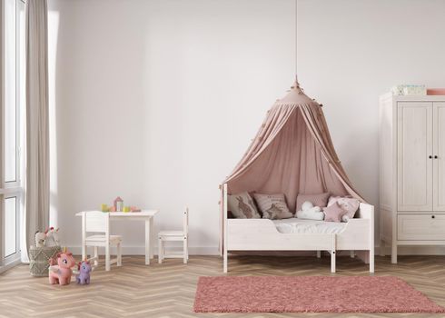 Empty white wall in modern child room. Mock up interior in contemporary, scandinavian style. Copy space for your picture or poster. Bed, table, toys. Cozy room for kids. 3D rendering