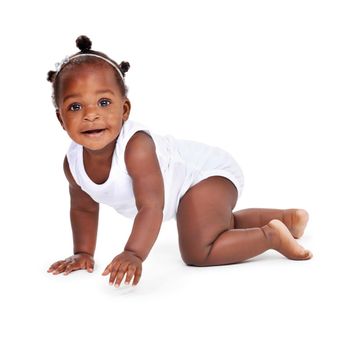Did I show you my moves. Studio shot of an adorable baby girl isolated on white