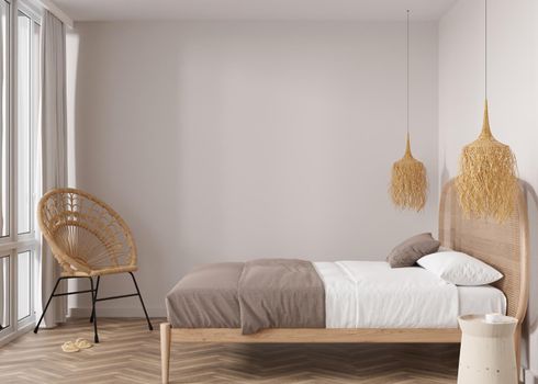 Empty beige wall in modern bedroom. Mock up interior in boho style. Free, copy space for your picture, text, or another design. Bed, rattan armchair. 3D rendering