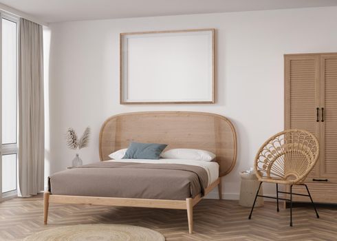 Empty horizontal picture frame on white wall in modern bedroom. Mock up interior in boho style. Free, copy space for your picture, poster. Bed, rattan armchair, pampas grass. 3D rendering