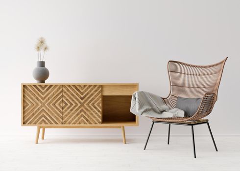 Empty white wall in modern living room. Mock up interior in scandinavian, boho style. Free space, copy space for your picture, text, or another design. Wooden console and rattan armchair. 3D render