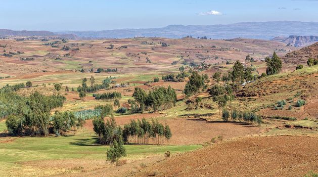 Beautiful highland landscape with traditional ethiopian houses in valley. Ethiopia, Africa.