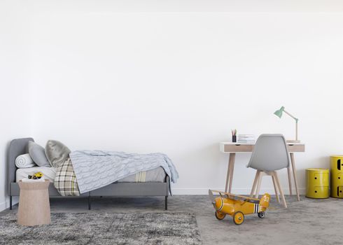 Empty white wall in modern child room. Mock up interior in contemporary, scandinavian style. Copy space for your picture or poster. Bed, desk, toys. Cozy room for kids. 3D rendering