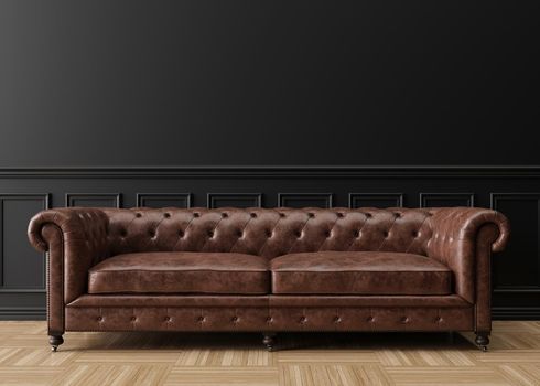 Empty black wall in modern living room. Mock up interior in classic style. Free space, copy space for your picture, text, or another design. Brown leather sofa. 3D rendering