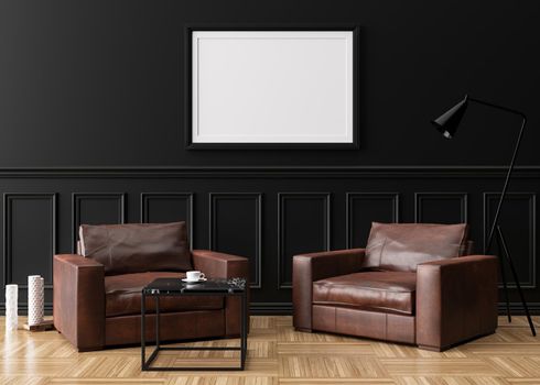 Empty picture frame on black wall in modern living room. Mock up interior in classic style. Free space, copy space for your picture. Brown leather armchairs. 3D rendering