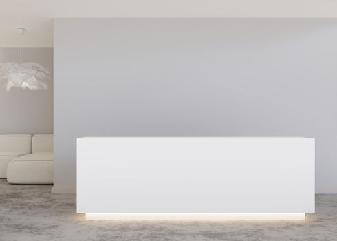 White reception counter in modern room with light gray walls. Blank registration desk in hotel, spa or office. Reception mock up with copy space for branding, logo. Contemporary style. 3D rendering