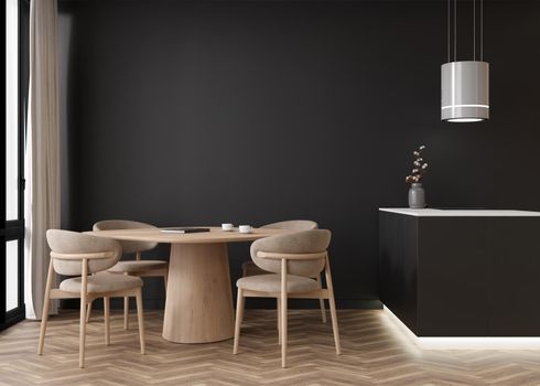 Empty black wall in modern living room. Mock up interior in contemporary style. Free, copy space for your picture, text, or another design. Dining table with chairs, kitchen, parquet floor. 3D render