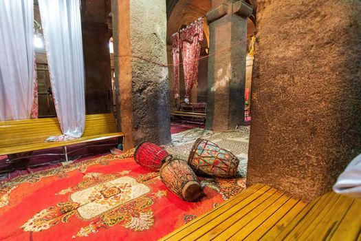 Interior of famous Debre Libanos, Debrelibanos monastery in Ethiopia, lying northwest of Addis Ababa in the Semien Shewa Zone, Oromia. Founded in the 13th century, Ethiopia Africa