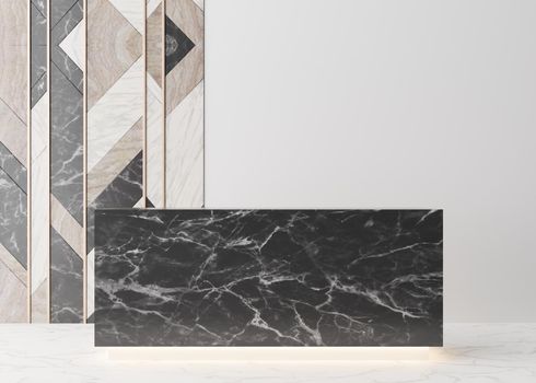 Black marble reception counter in modern room. Registration desk in hotel, spa or office. Reception mock up with copy space for branding, logo. Contemporary style. 3D rendering