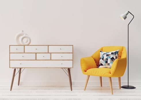 Empty white wall in modern living room. Mock up interior in scandinavian, minimalist style. Free space, copy space for your picture, text, or another design. Console and yellow armchair. 3D rendering