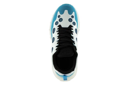 Blue sneakers with black inserts isolated on white background.