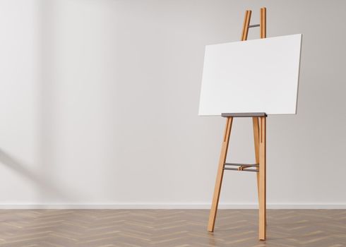 Empty horizontal canvas on wooden easel standing in room. Free, copy space for your picture. Artwork presentation. Canvas mock up. 3D rendering