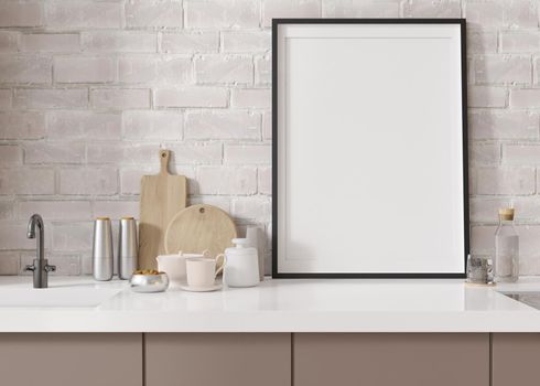 Empty vertical picture frame standing in modern kitchen. Mock up interior in minimalist, contemporary style. Free, copy space for your picture, poster. Close up view. 3D rendering