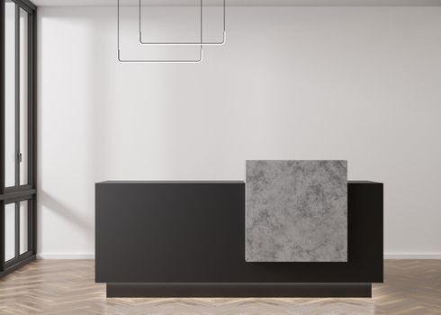 Black reception counter in modern room with white walls. Blank registration desk in hotel, spa or office. Reception mock up with copy space for branding, logo. Contemporary style. 3D rendering