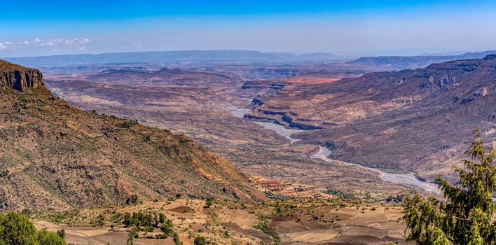 Beautiful wide canyon landscape with dry river bed, Somali Region. Ethiopia wilderness landscape, Africa.