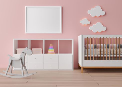 Empty white picture frame on pink wall in modern child room. Mock up interior in scandinavian style. Free, copy space for your picture. Rocking horse, bed, toys. Cozy room for kids. 3D rendering