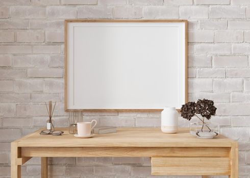 Empty horizontal picture frame on white brick wall in modern living room. Mock up interior in minimalist, contemporary style. Free space for your picture, poster. Wooden table, vase. 3D rendering