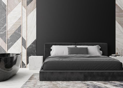 Empty black wall in modern bedroom. Mock up interior in contemporary style. Free, copy space for your picture, text, or another design. Bathtub in bedroom, marble wall panels. 3D rendering