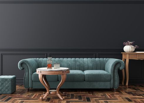 Empty black wall in modern living room. Mock up interior in classic style. Copy space for your picture, poster. Template for artwork. Blue velvet sofa, parquet floor, wall molding. 3D rendering