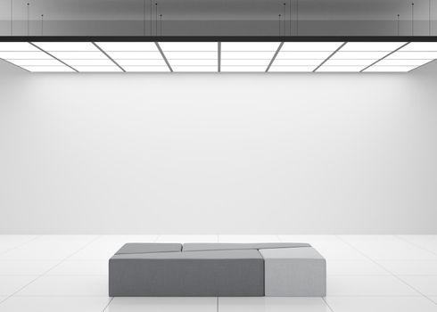 Empty white wall in modern art gallery. Mock up interior in minimalist style. Free, copy space for your artwork, picture, text, or another design. Empty exhibition space. 3D rendering