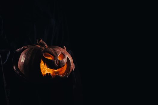 The witch is holding a pumpkin jack o lantern glowing in the dark. Halloween