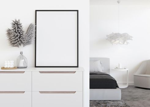Empty vertical picture frame on white wall in modern bedroom. Mock up interior in contemporary style. Free, copy space for your picture. Bed, sideboard, pampas grass in vase. 3D rendering