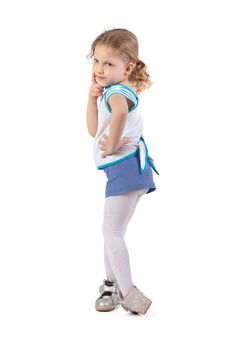 Funny little girl posing for the camera. The four-year-old girl grimaces. Cheerful mouse in full growth on a white background.